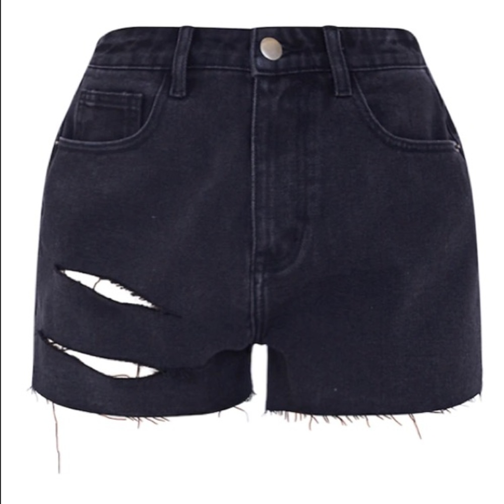 Petite Black Raw Hem Split Thigh Denim Shorts